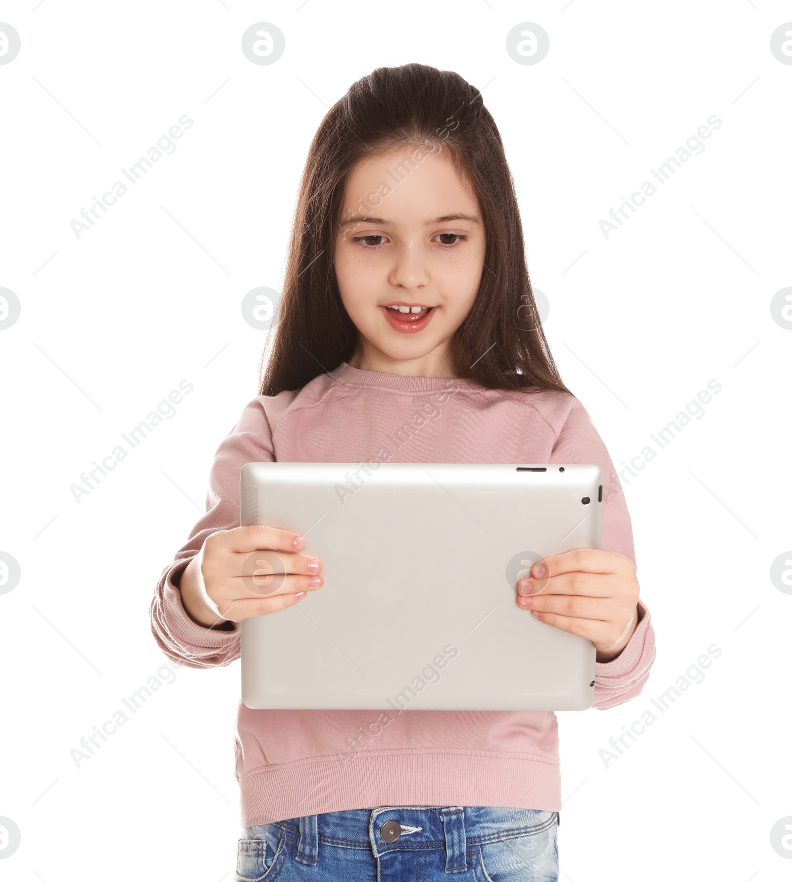 Photo of Little girl using video chat on tablet against white background