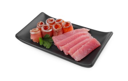 Photo of Tasty sashimi (slices of fresh raw tuna and salmon) with parsley isolated on white