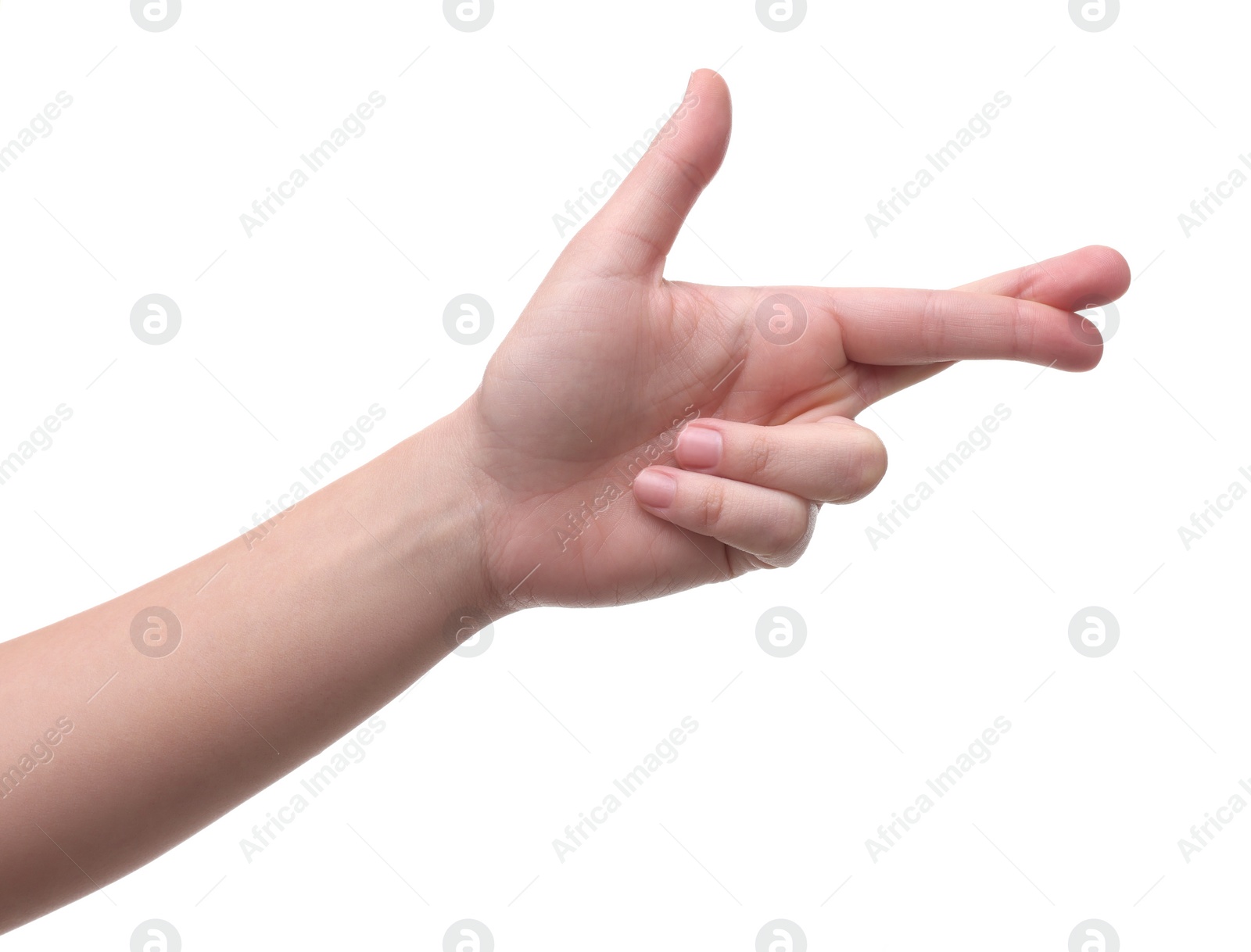 Photo of Woman crossing her fingers on white background, closeup