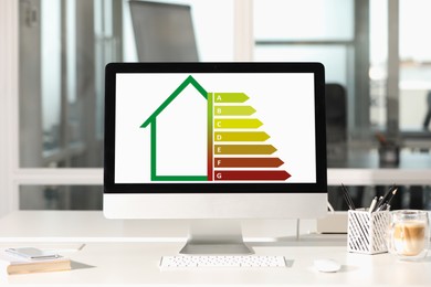 Image of Energy efficiency rating on display. Workplace with modern computer