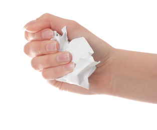 Photo of Woman crumpling paper against white background, closeup. Generating idea