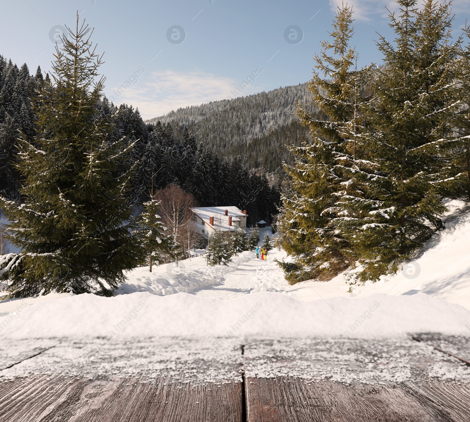 Image of Wooden surface and beautiful view of winter landscape 