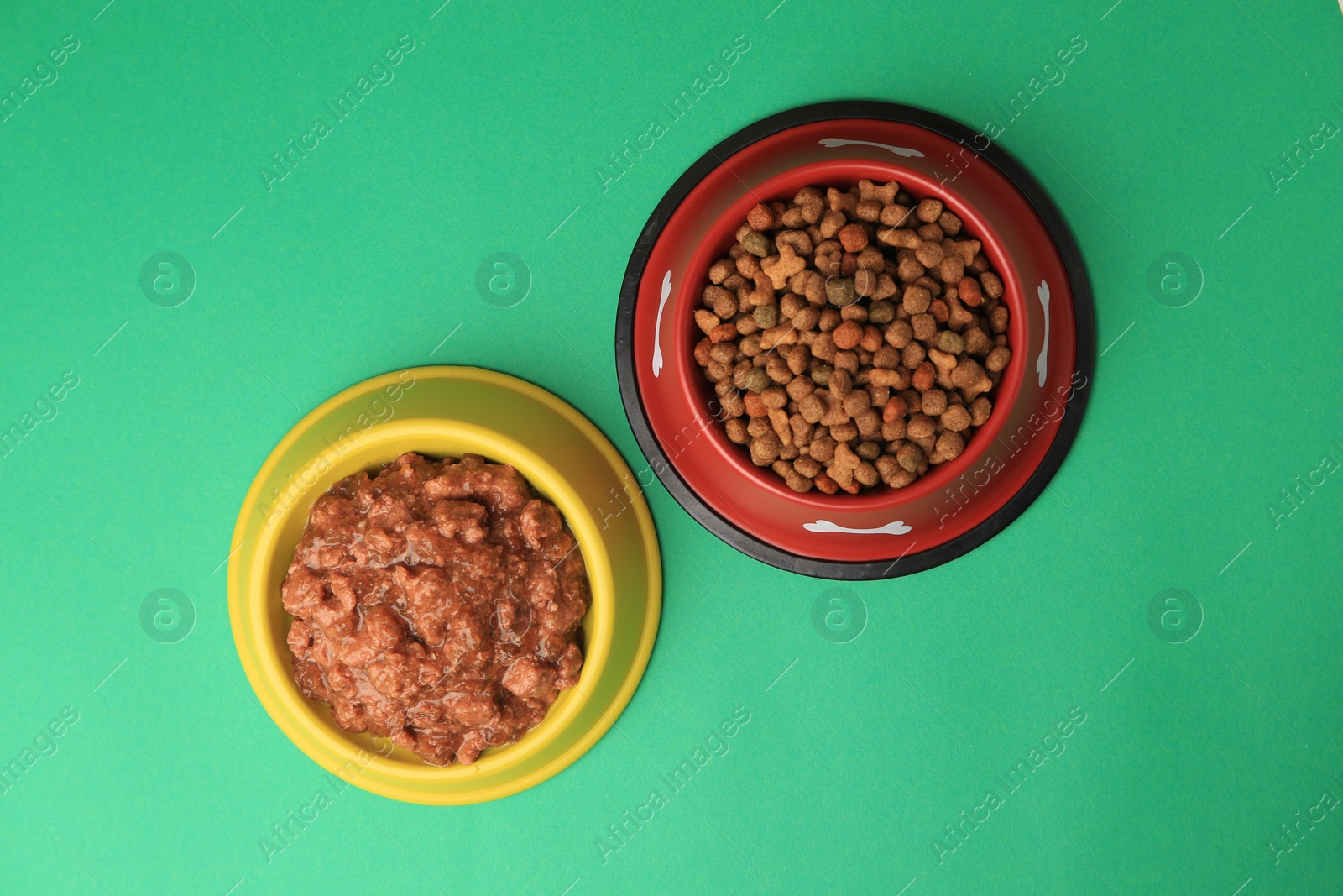 Photo of Dry and wet pet food in feeding bowls on green background, flat lay