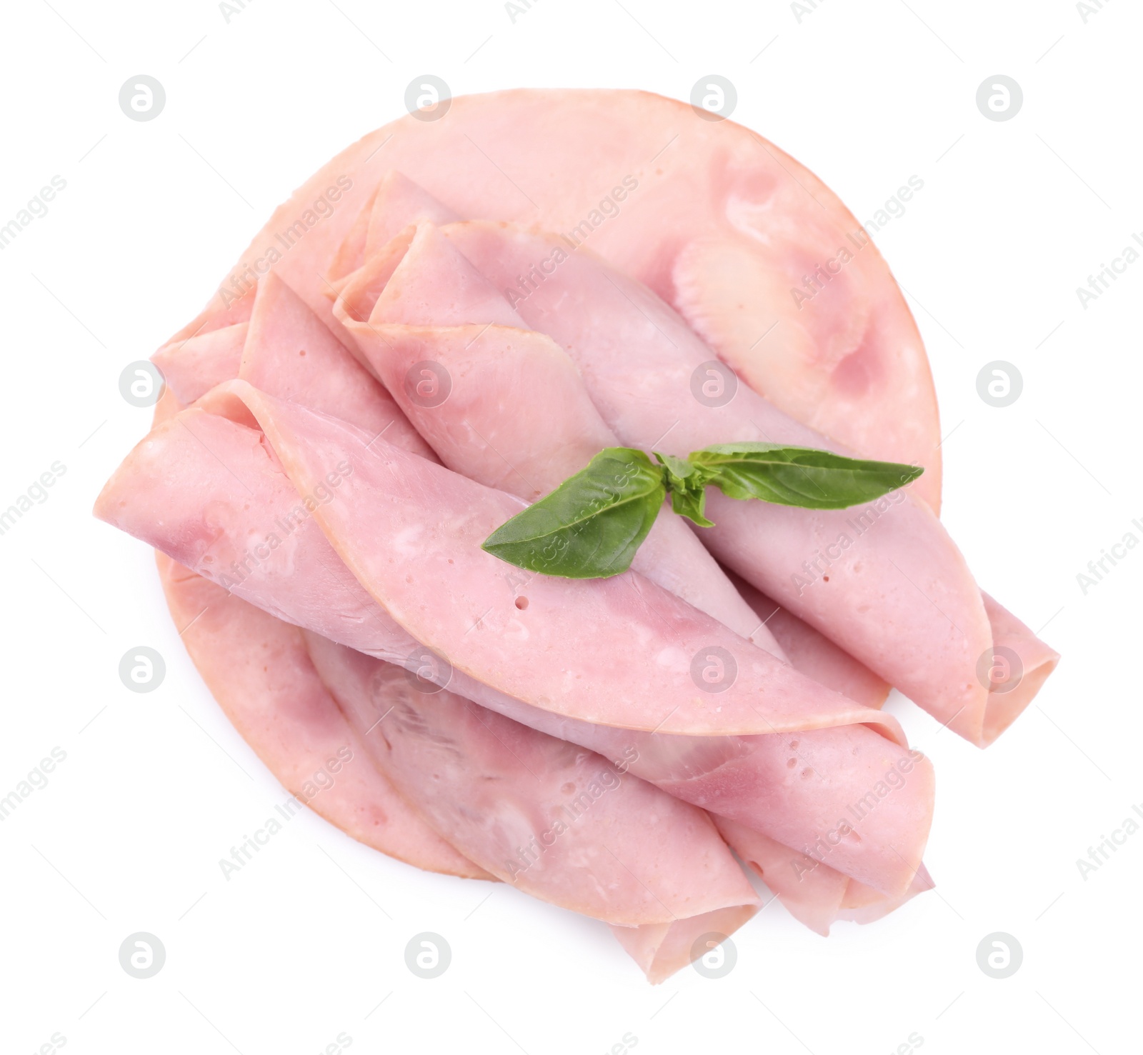 Photo of Rolled slices of tasty ham and basil isolated on white, top view