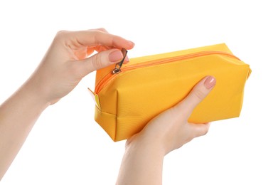 Photo of Woman with cosmetic bag isolated on white, closeup