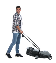 Man with modern lawn mower on white background