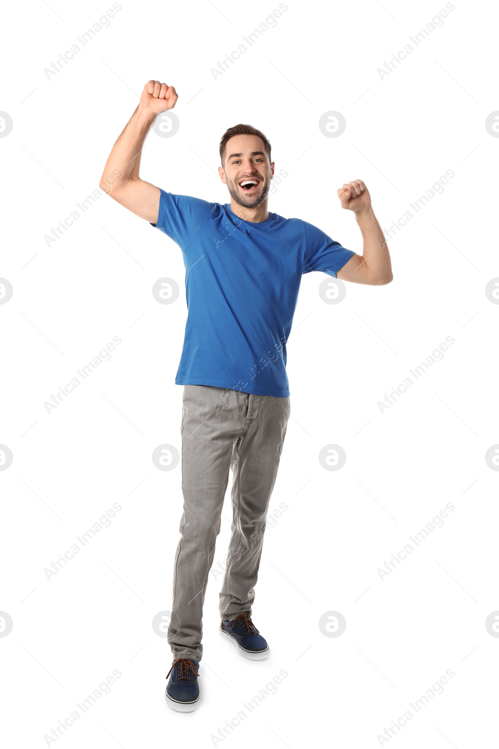 Photo of Full length portrait of emotional handsome man on white background