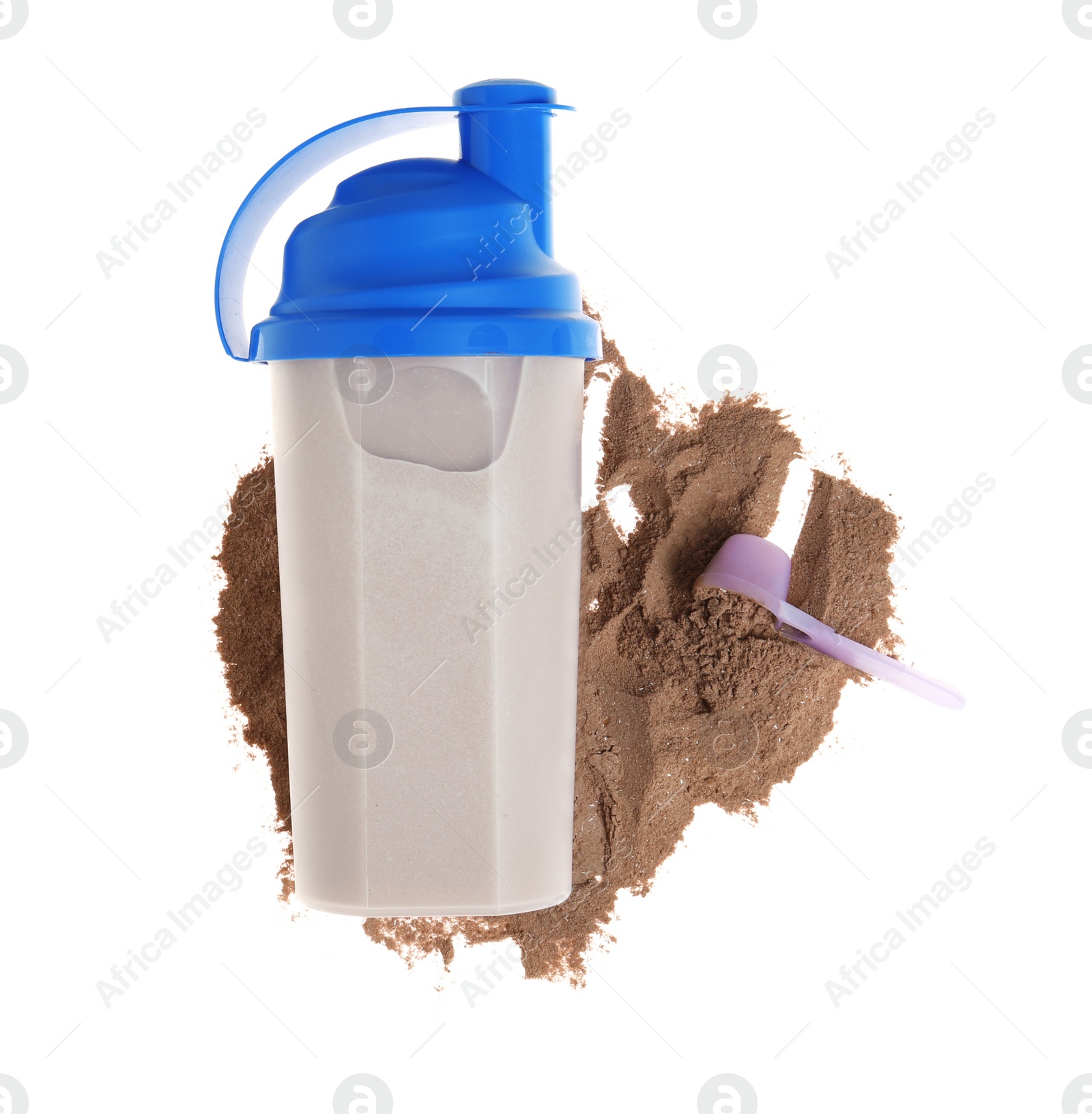 Photo of Protein shake in sport bottle and powder on white background, top view