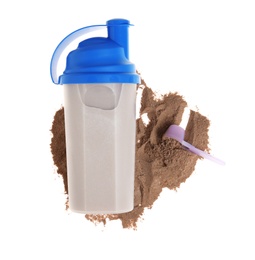 Photo of Protein shake in sport bottle and powder on white background, top view