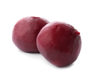 Photo of Whole peeled red beets on white background
