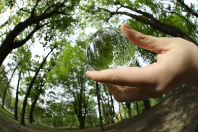Photo of Beautiful green trees outdoors, overturned reflection. Man holding crystal ball in park, closeup. Wide-angle lens