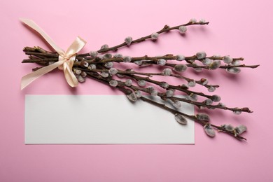 Beautiful blooming willow branches and blank card on pink background, flat lay. Space for text