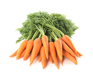 Photo of Bunch of fresh ripe carrots isolated on white