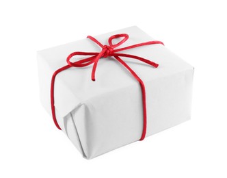 Photo of Beautiful gift box with red rope isolated on white