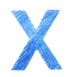 Letter X written with blue pencil on white background, top view