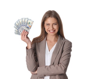 Photo of Portrait of happy young businesswoman with money on white background