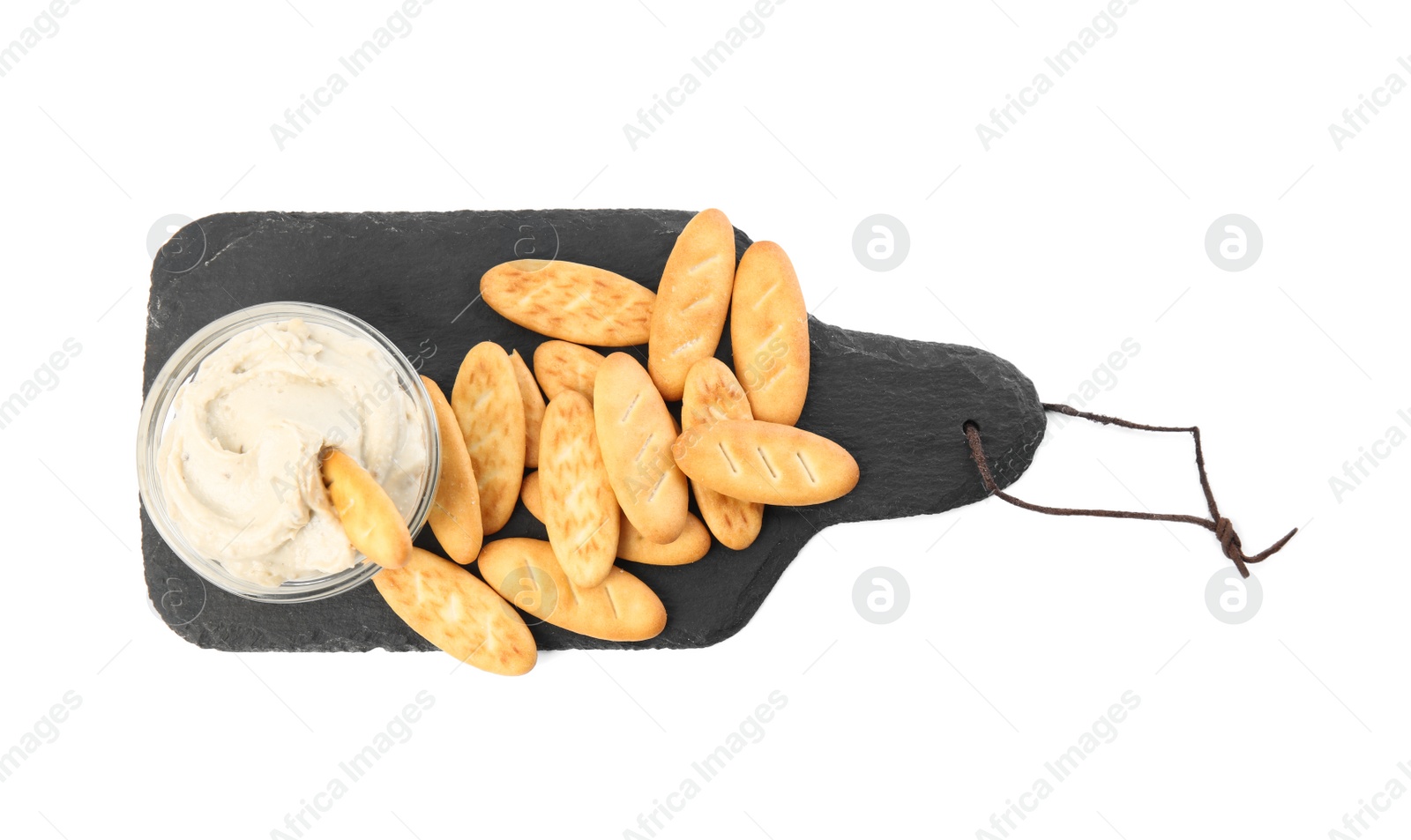 Photo of Delicious crackers and humus on white background, top view