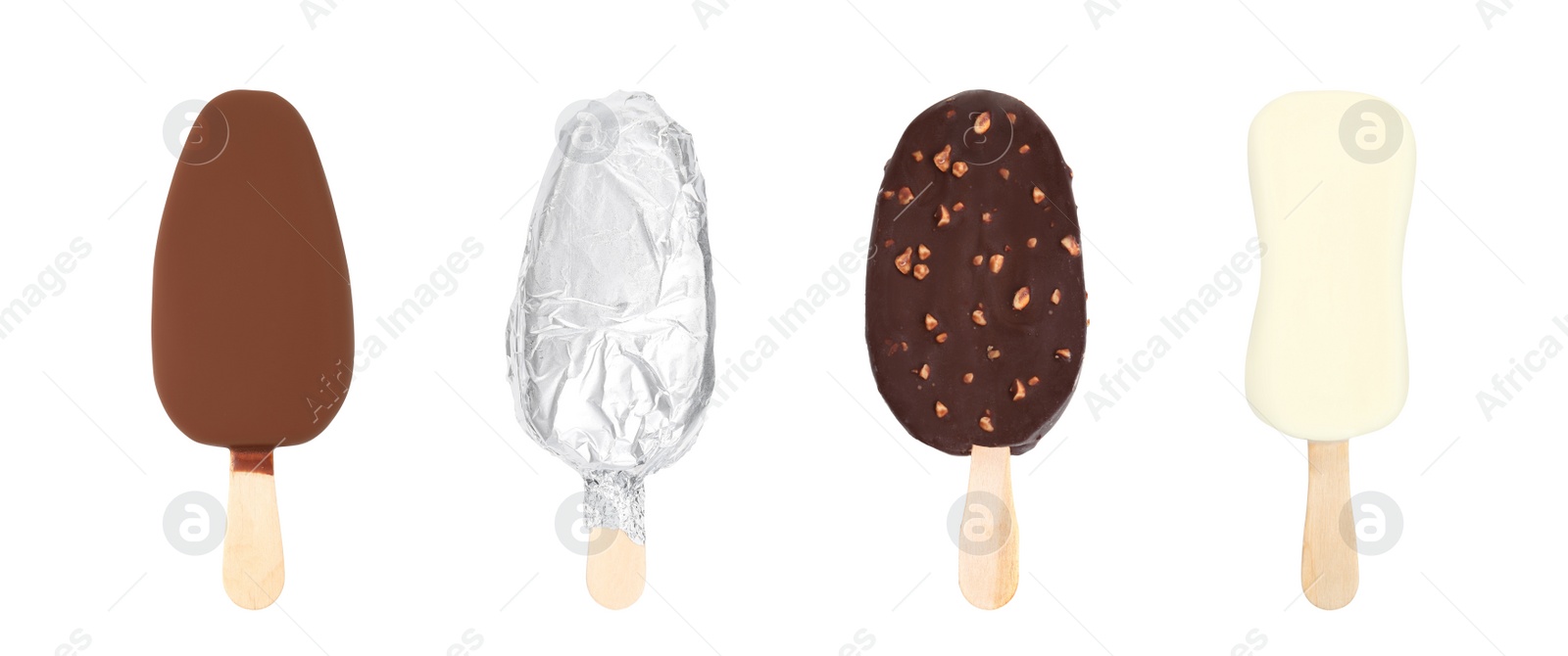 Image of Set with different delicious glazed ice creams on white background. Banner design