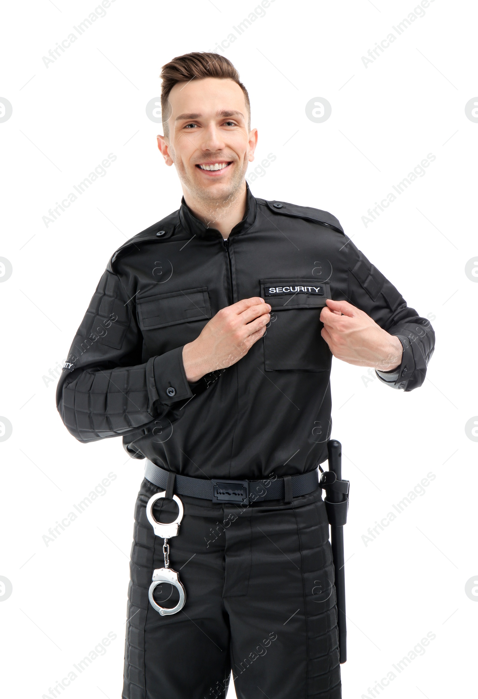 Photo of Male security guard in uniform on white background