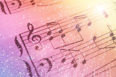 Image of Sheet with music notes as background, closeup. Color tone effect