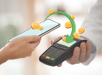 Image of Customer using terminal for contactless payment with smartphone indoors, closeup. Arrow and coins between devices demonstrating speed of money transaction, illustration