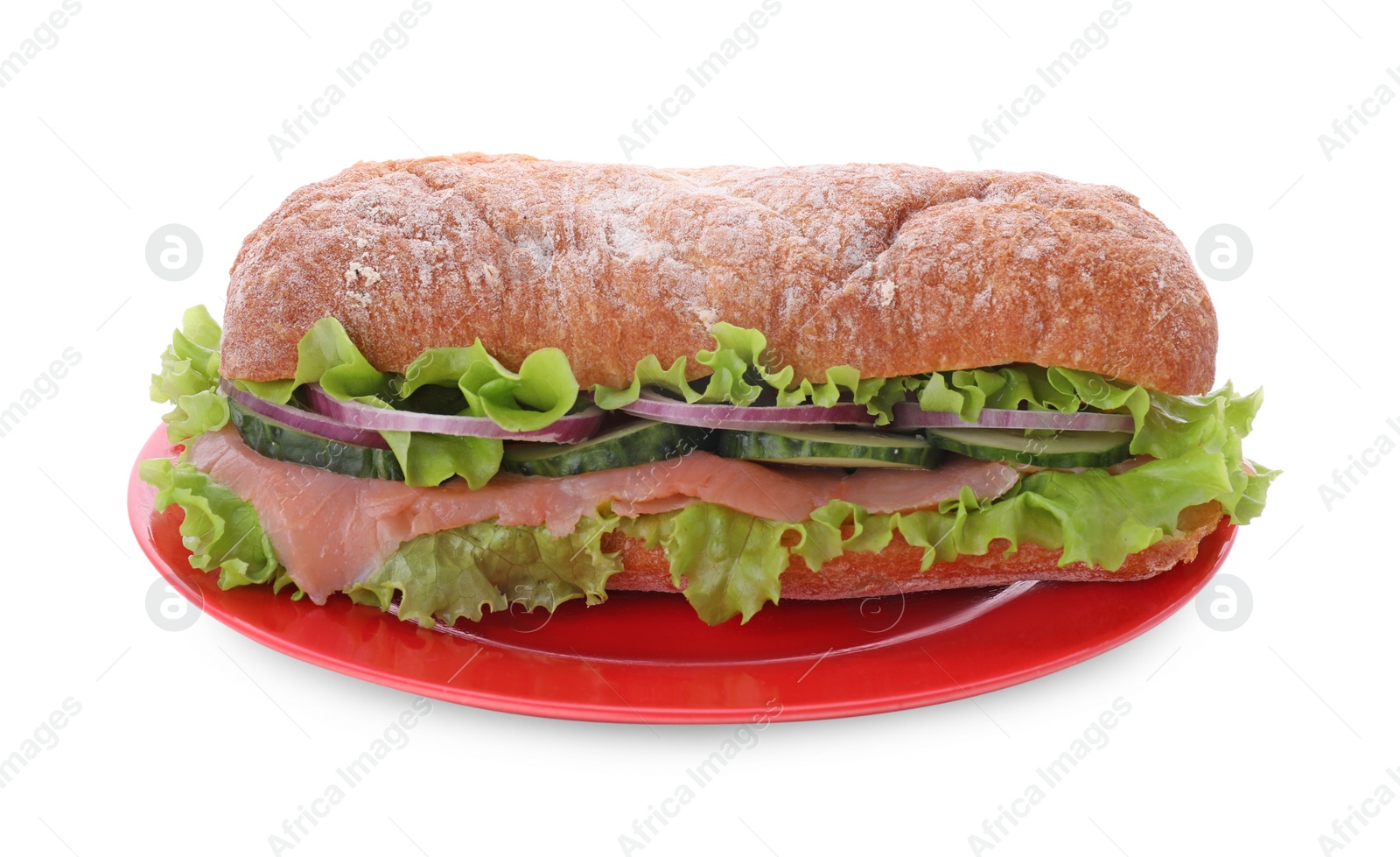 Photo of Delicious sandwich with fresh vegetables and salmon isolated on white