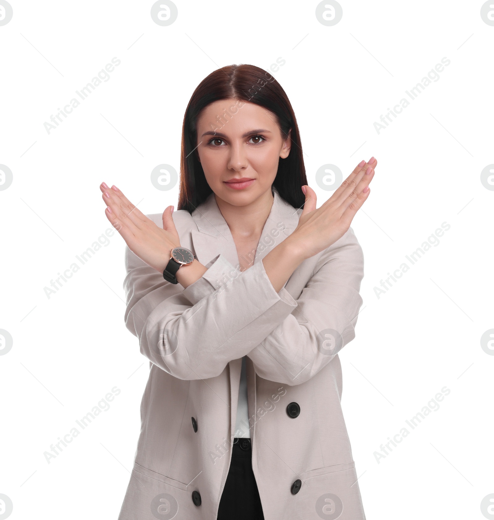 Photo of Beautiful young businesswoman in suit on white background