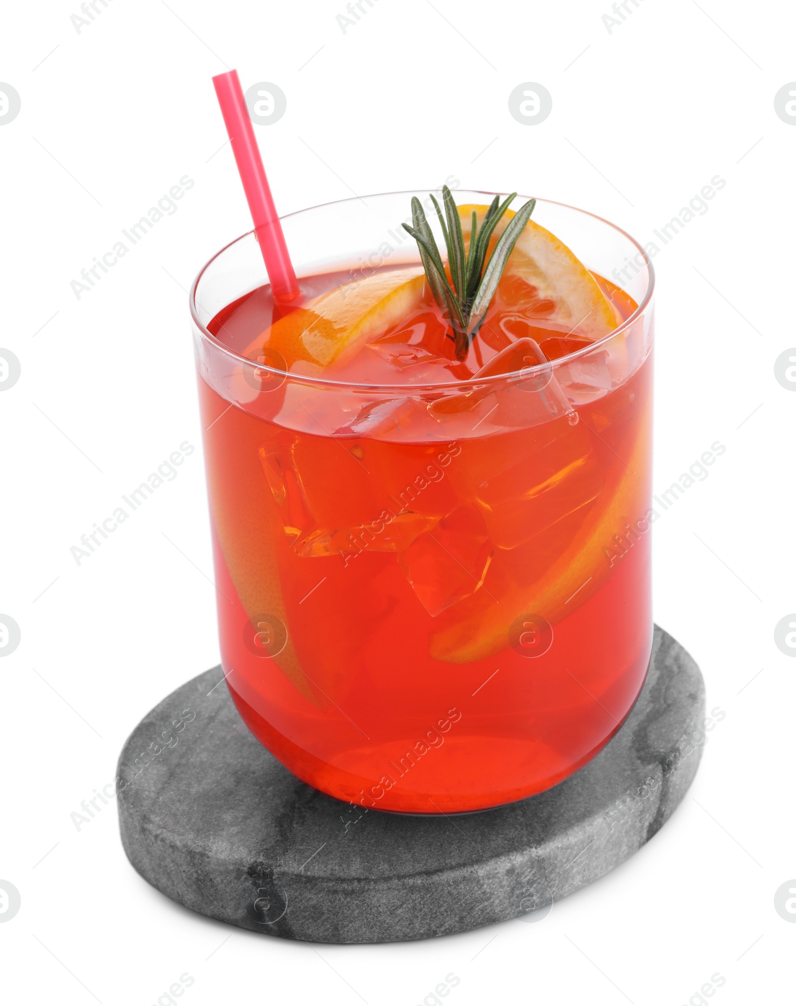 Photo of Aperol spritz cocktail, straw, orange slices and rosemary in glass isolated on white