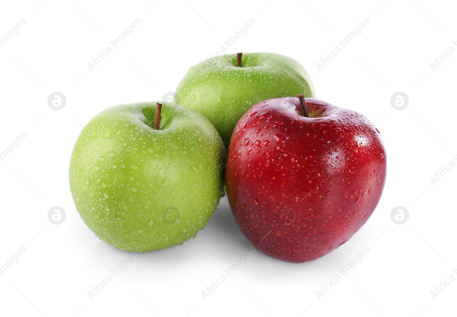 Photo of Fresh juicy green and red apples with water drops isolated on white