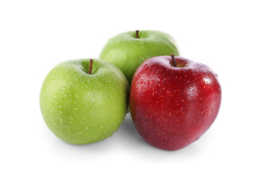 Photo of Fresh juicy green and red apples with water drops isolated on white