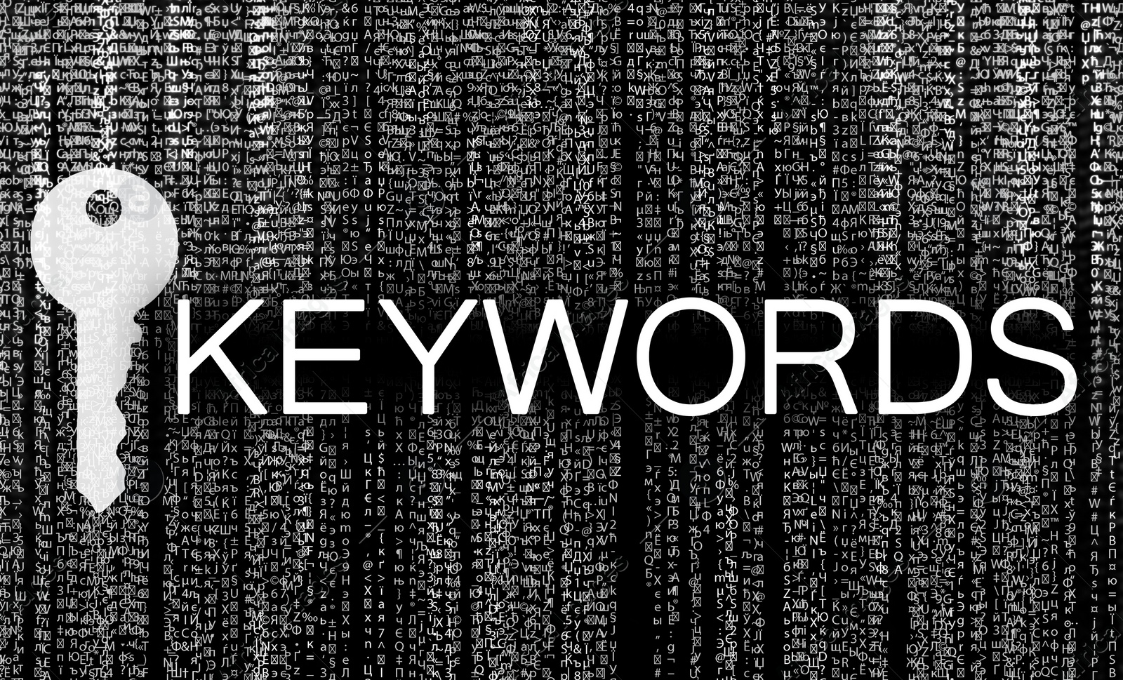 Image of Word Keywords, key and digital code on black background. SEO direction