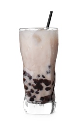 Bubble milk tea with tapioca balls in glass isolated on white