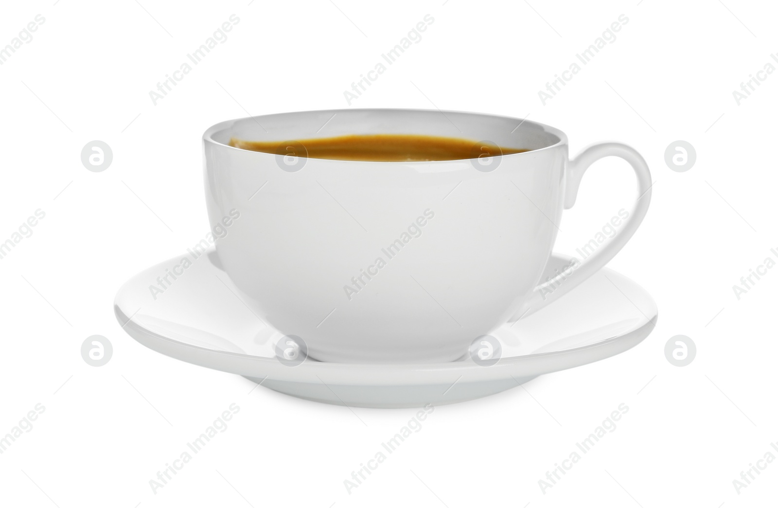 Photo of Cup of hot coffee and saucer isolated on white