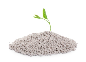 Photo of Pile of chemical fertilizer and green plant isolated on white. Gardening time