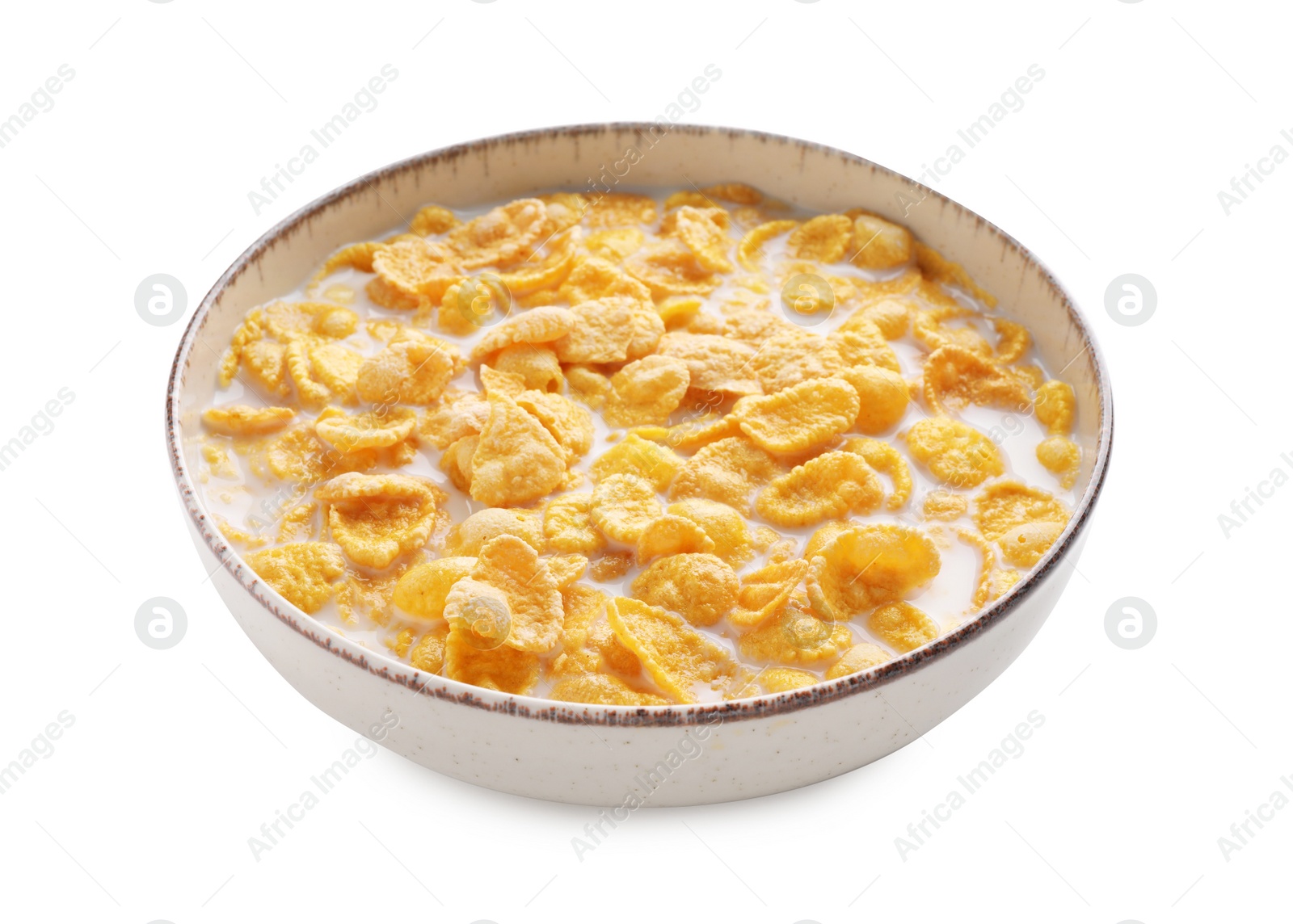 Photo of Tasty corn flakes with milk in bowl isolated on white