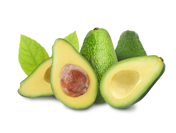 Image of Cut and whole fresh avocados on white background