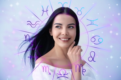 Image of Beautiful young woman and illustration of zodiac wheel with astrological signs on light background