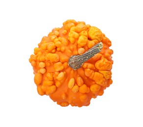 Photo of One fresh orange pumpkin isolated on white, top view