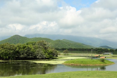 Photo of Picturesque view of mountains and green meadow with lake