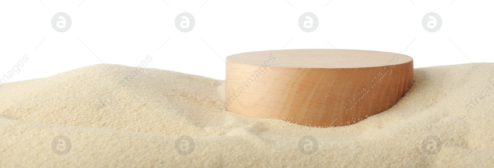 Photo of Presentation of product. Wooden podium on sand against white background. Space for text