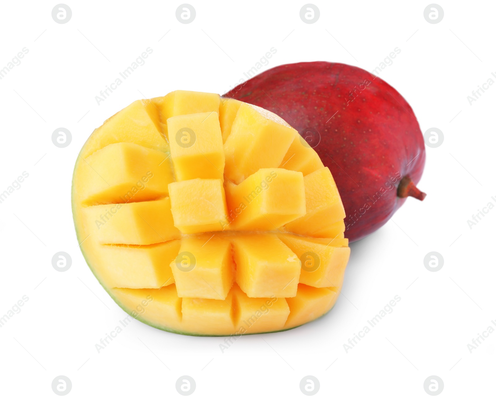 Photo of Cut and whole ripe mangoes isolated on white