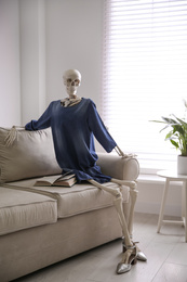 Human skeleton with book on sofa indoors