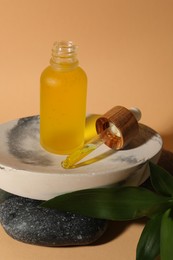 Photo of Bottle of face serum, soap dish, leaves and spa stones on beige background