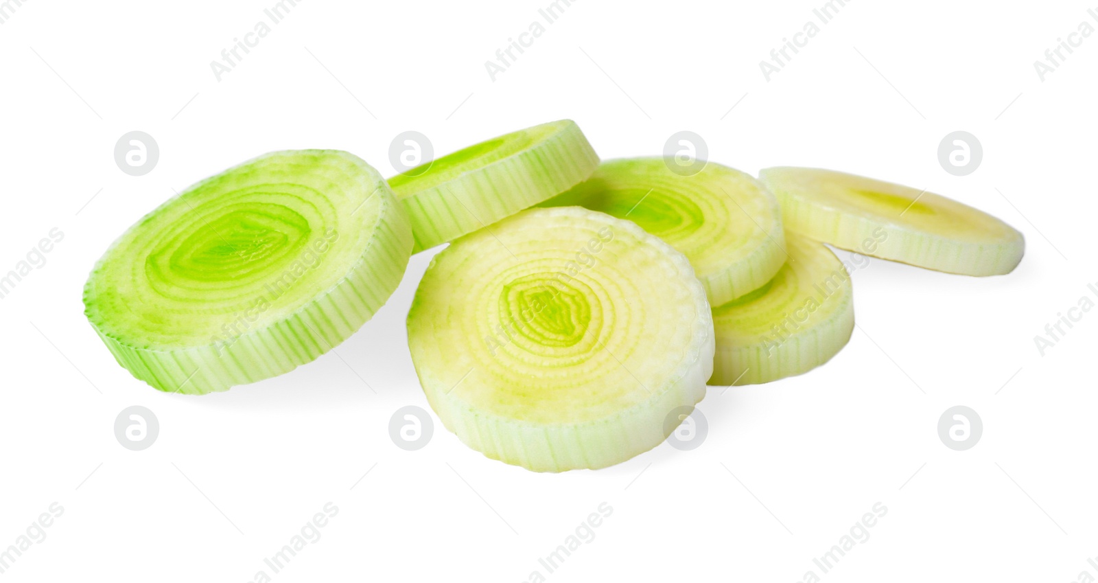 Photo of Fresh raw leek slices on white background. Ripe onion