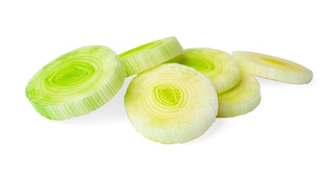 Photo of Fresh raw leek slices on white background. Ripe onion