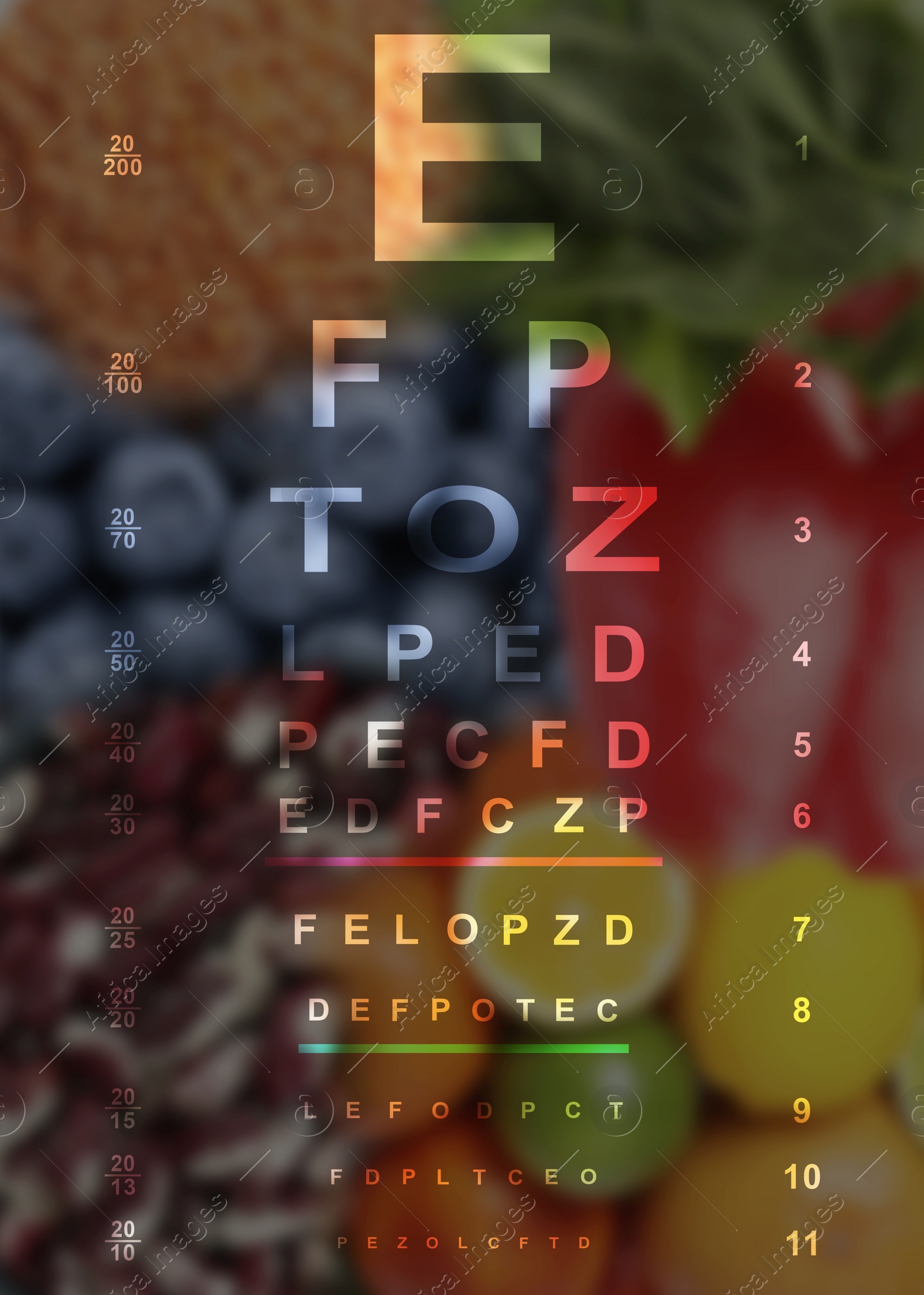 Image of Improving eyesight. Vision test chart and different food products, double exposure