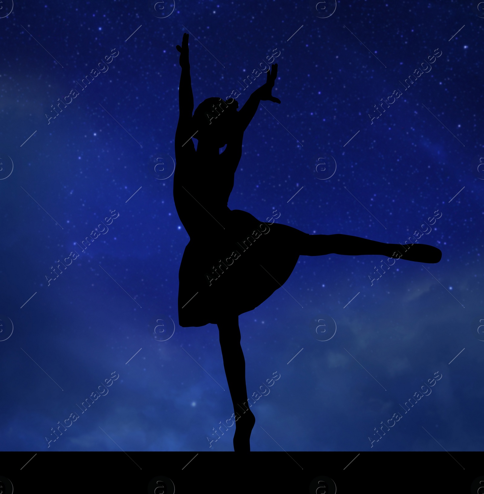 Image of Silhouette of professional gymnast exercising against starry sky