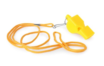 Photo of One yellow whistle with orange cord isolated on white