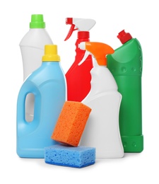 Photo of Different cleaning products and sponges on white background