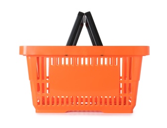 Photo of Color plastic shopping basket on white background